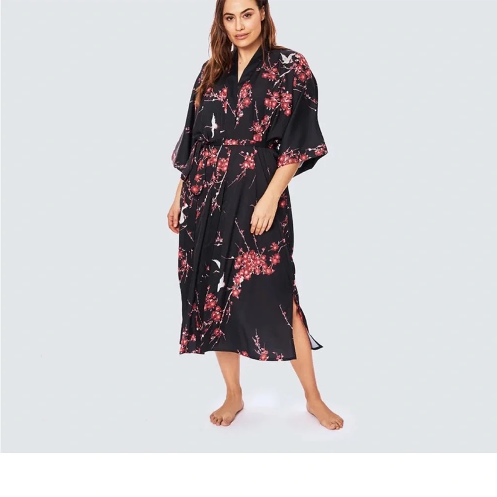 Kim + One Black Floral Cherry Blossom & Crane Robe - Picture 2 of 11